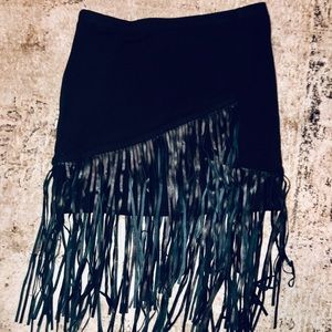 Sky black leather fringe skirt